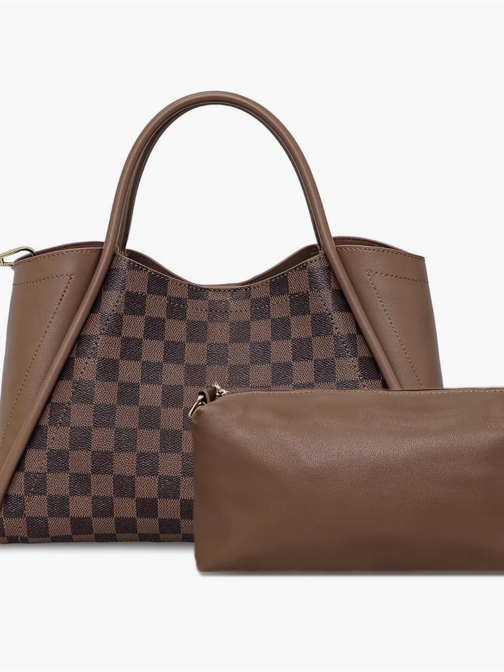 NEW Brown Checker Pattern Shoulder Tote with Removable Pouch